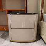 Curved Nightstand with Burl Natural Wood Veneer Top & Gold Stainless Steel Accents